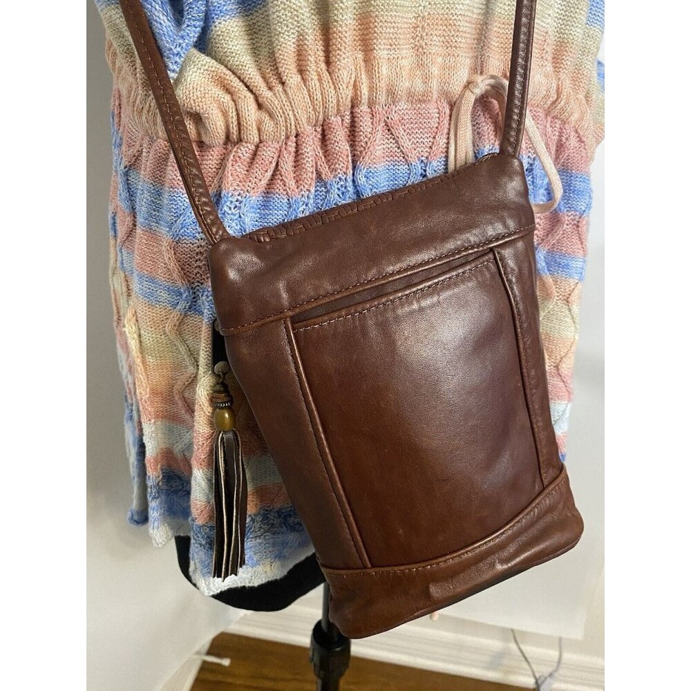 Vintage Brown Tooled Leather Cross Body Purse Handbag Shoulder Bag Tassel 9"x6" - Picture 4 of 16